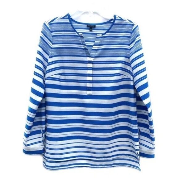 Talbots Blue Stripe Adjustable Sleeve Blouse Top Medium Petite PM - Picture 1 of 6